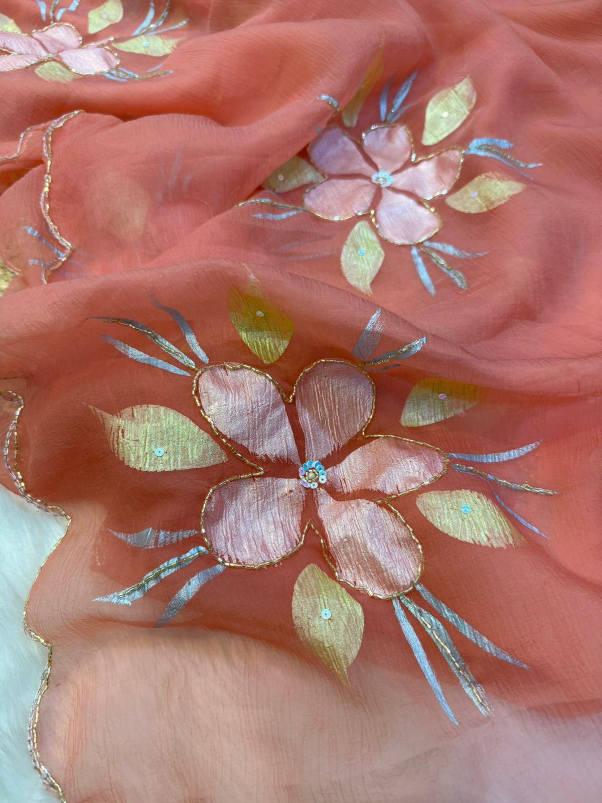 Pure Bari Chiffon Saree with Handwork & Floral Hand Print