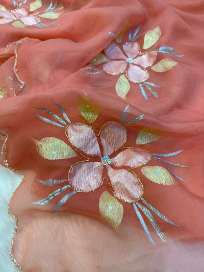 Pure Bari Chiffon Saree with Handwork & Floral Hand Print
