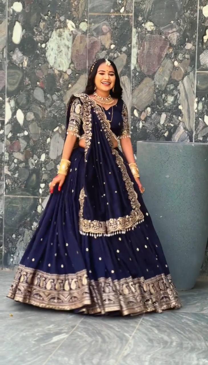 Navy Blue Fox Georgette Embroidered Festival Wear Lehenga Choli Set