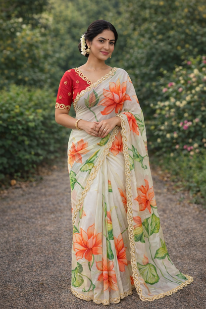 Pure Soft Teby Silk Floral Print Saree with Khatli Moti Border & Designer Blouse