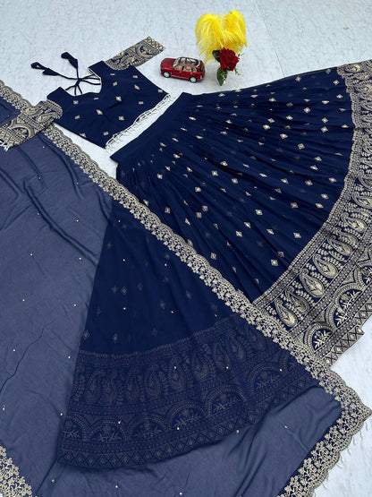 Navy Blue Fox Georgette Embroidered Festival Wear Lehenga Choli Set
