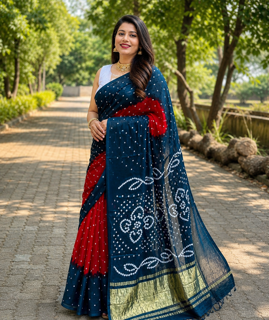 Pure Gaji Silk Bandhani Saree with Gota Patti Handwork | Traditional Lagadi Patta Design