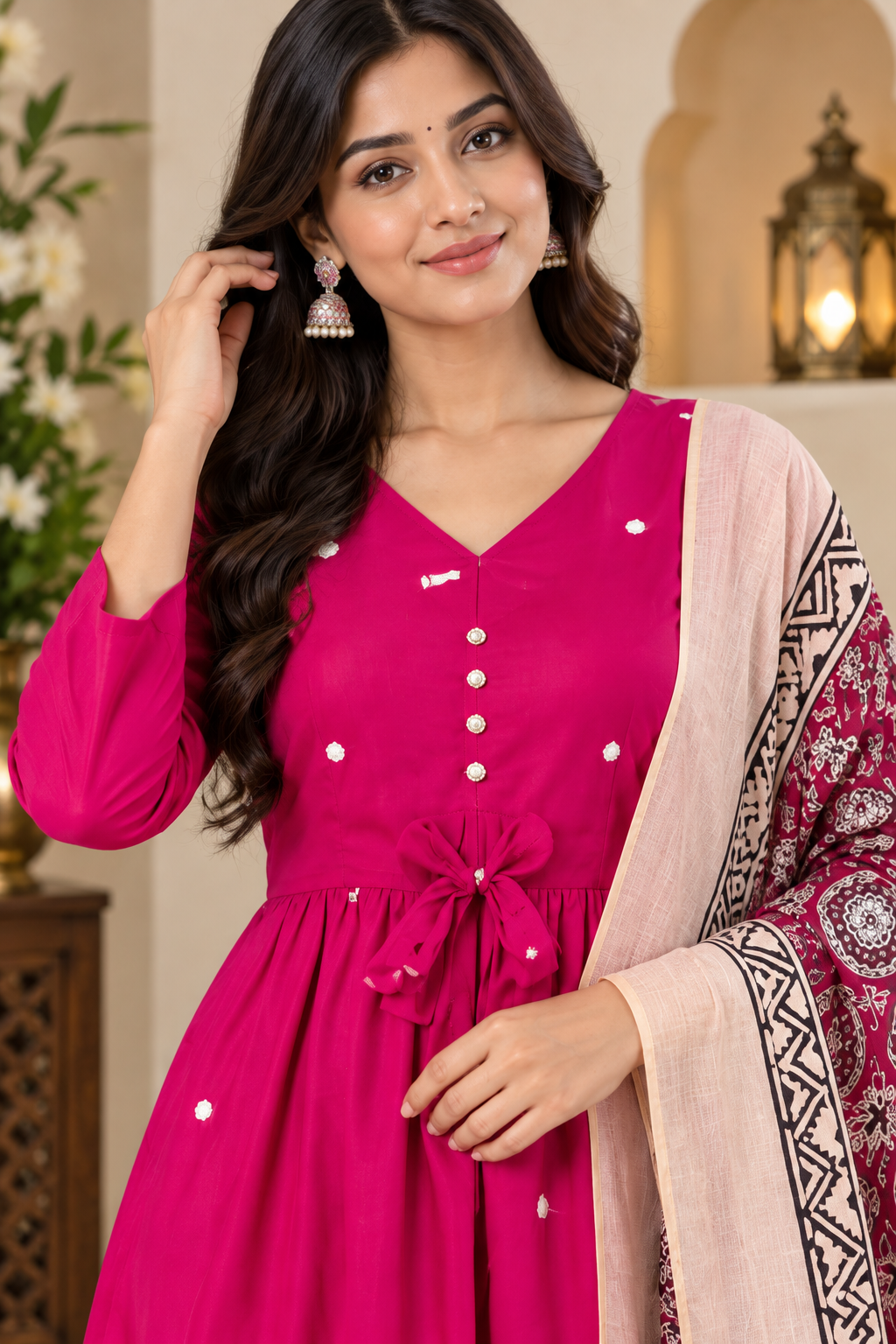 Premium Cotton A-Line Kurta Pant Set with Jaipur Printed Malmal Dupatta