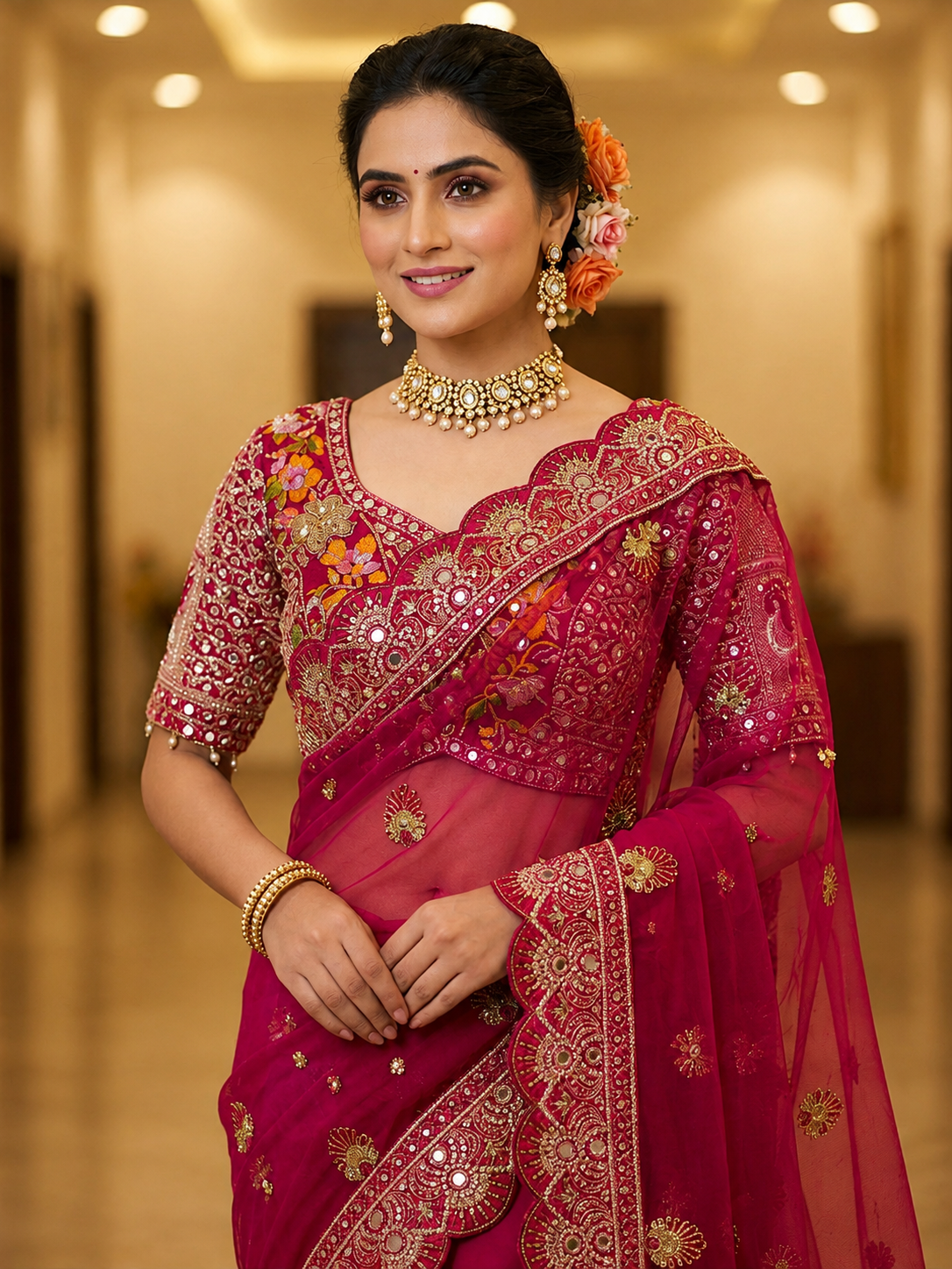 Soft Butterfly Net Saree with Sequins & Multi Thread Embroidery | Full Stitch Blouse