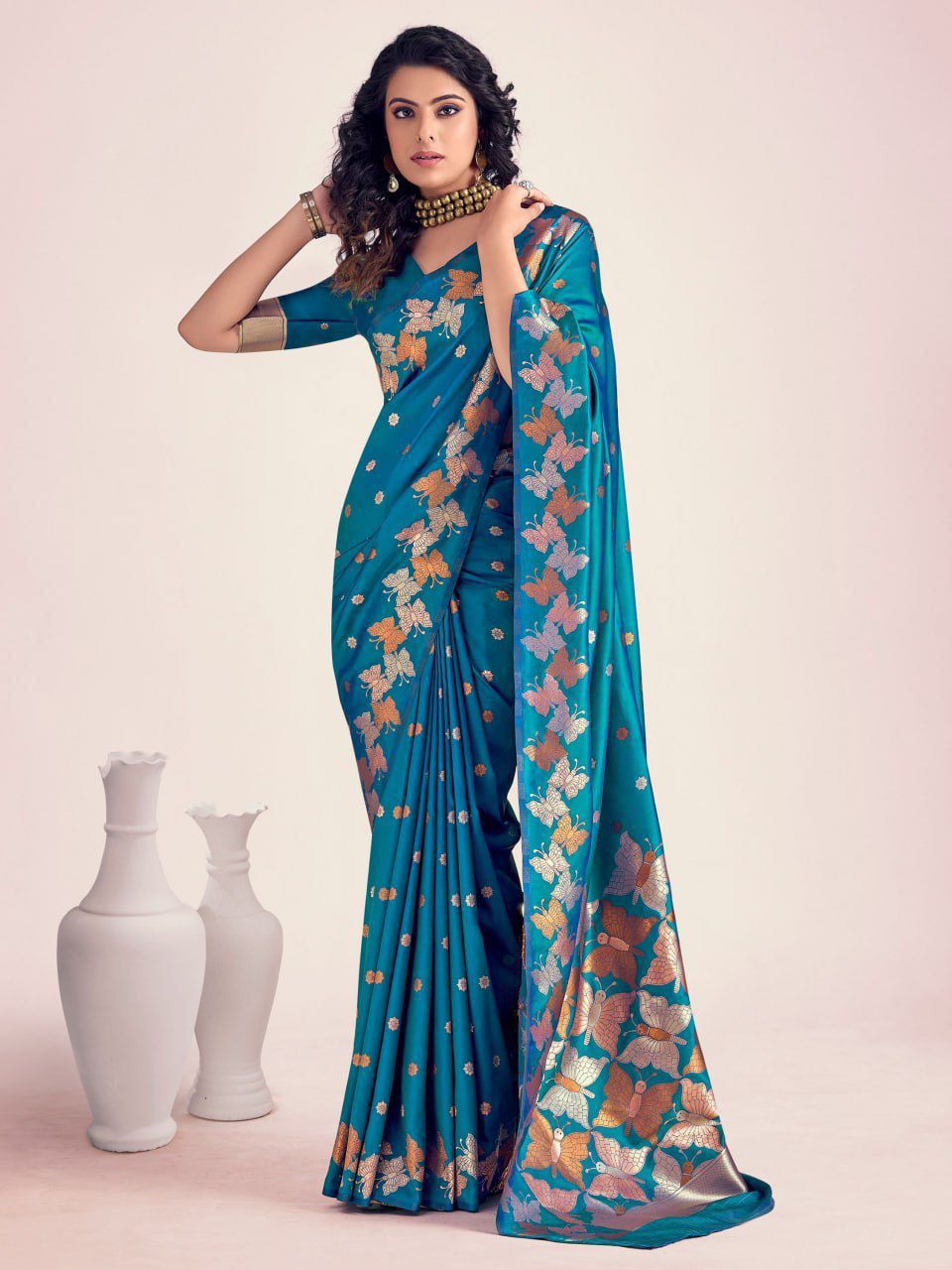 Teal Blue Butterfly Printed Silk Look Saree