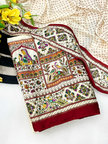 Premium Pure Moss Chiffon Saree with Peacock Floral Print & Mirror Work
