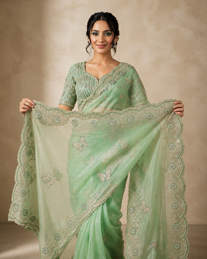Sabyasachi Inspired Space Silk Saree with Butterfly Embroidery & Stitched Blouse