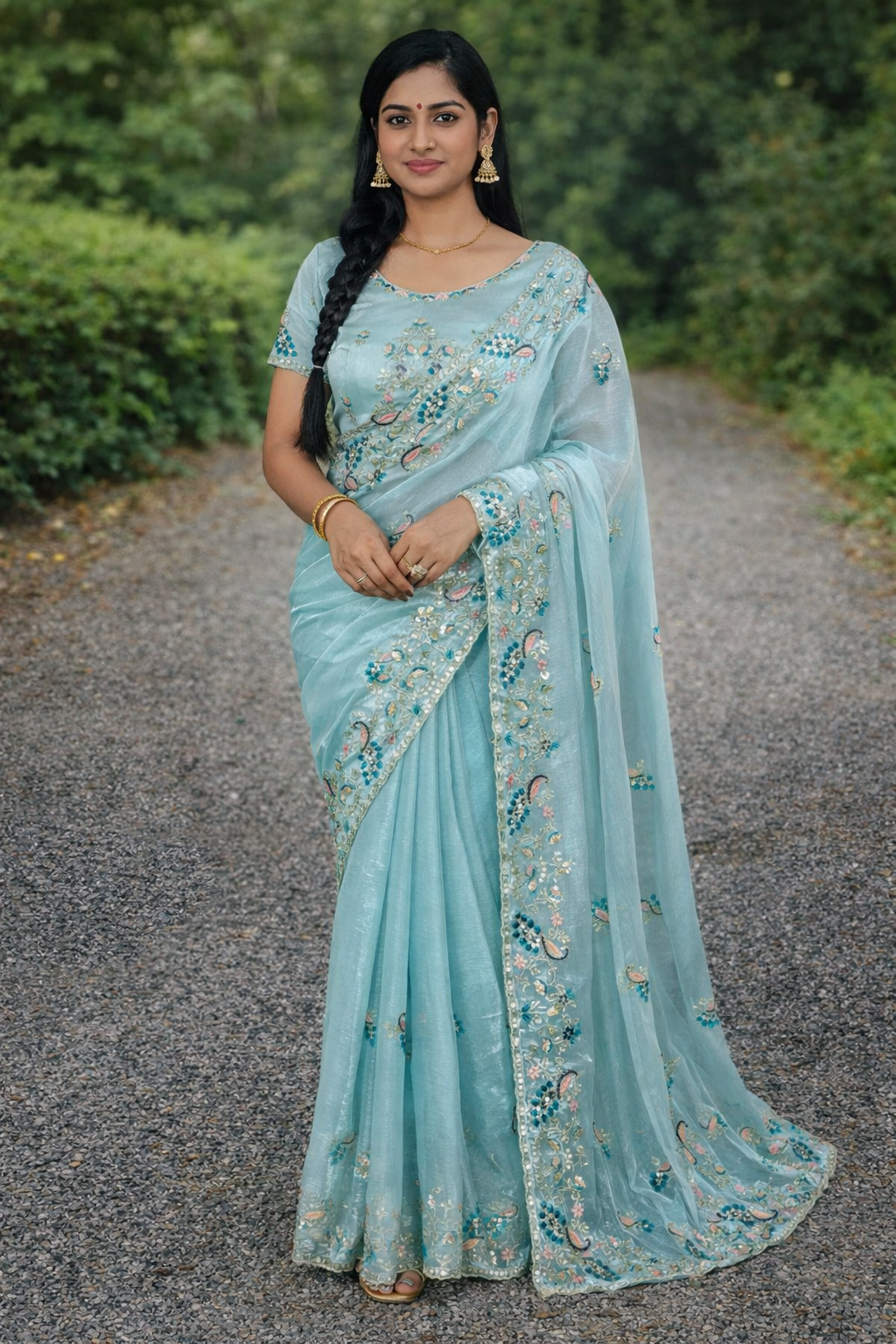 Gangaur Fandy Chiffon Saree with Sequins & Multi Thread Embroidered Border