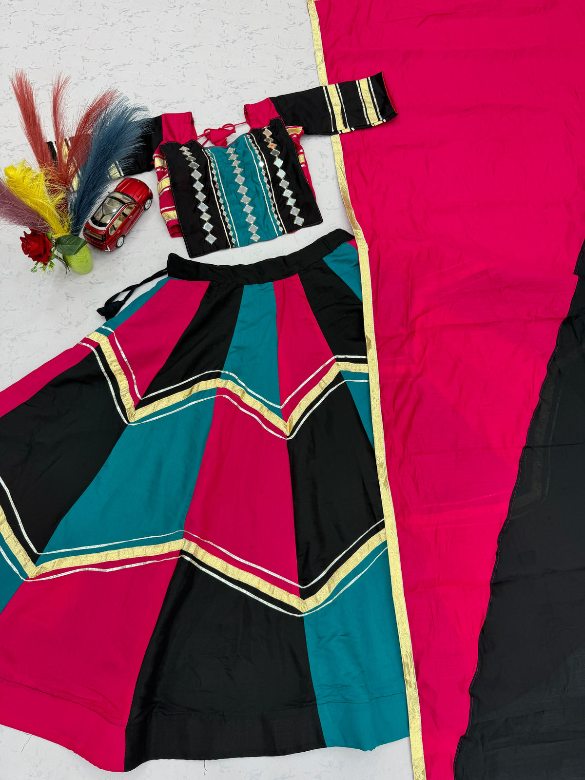 Navratri Special Roman Silk Lehenga Choli with Real Mirror Work | 6+ Meter Flair
