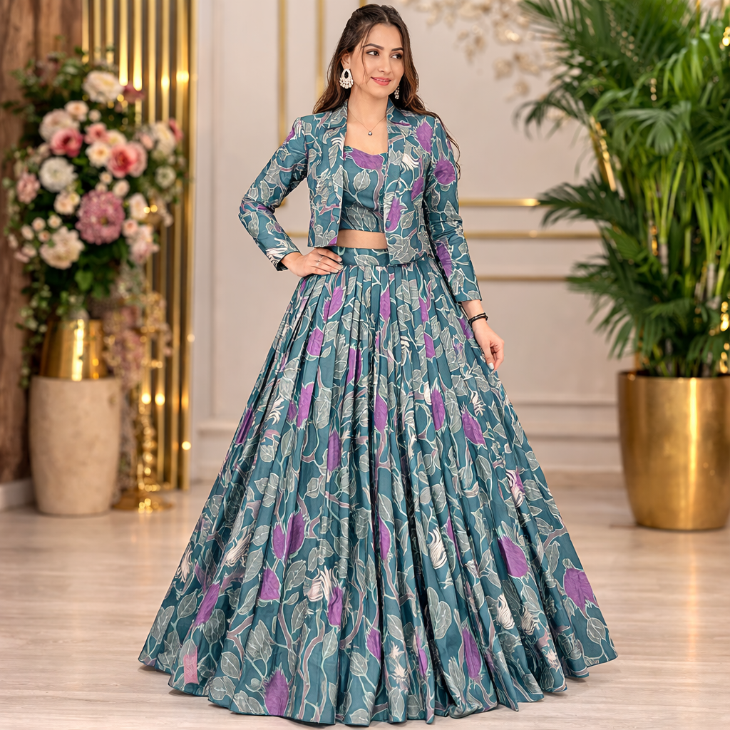 Tasar Silk Printed Lehenga Choli With Stylish Koti Jacket Set