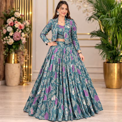 Tasar Silk Printed Lehenga Choli With Stylish Koti Jacket Set