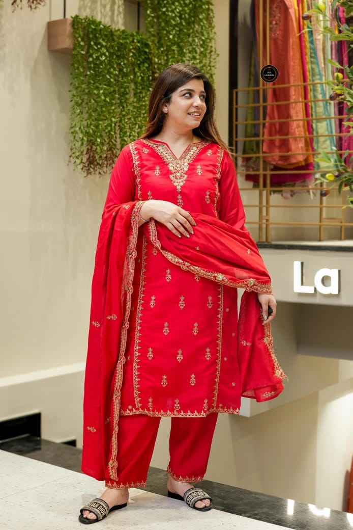 Festival Special Chanderi Embroidered Kurti Set with Dupatta