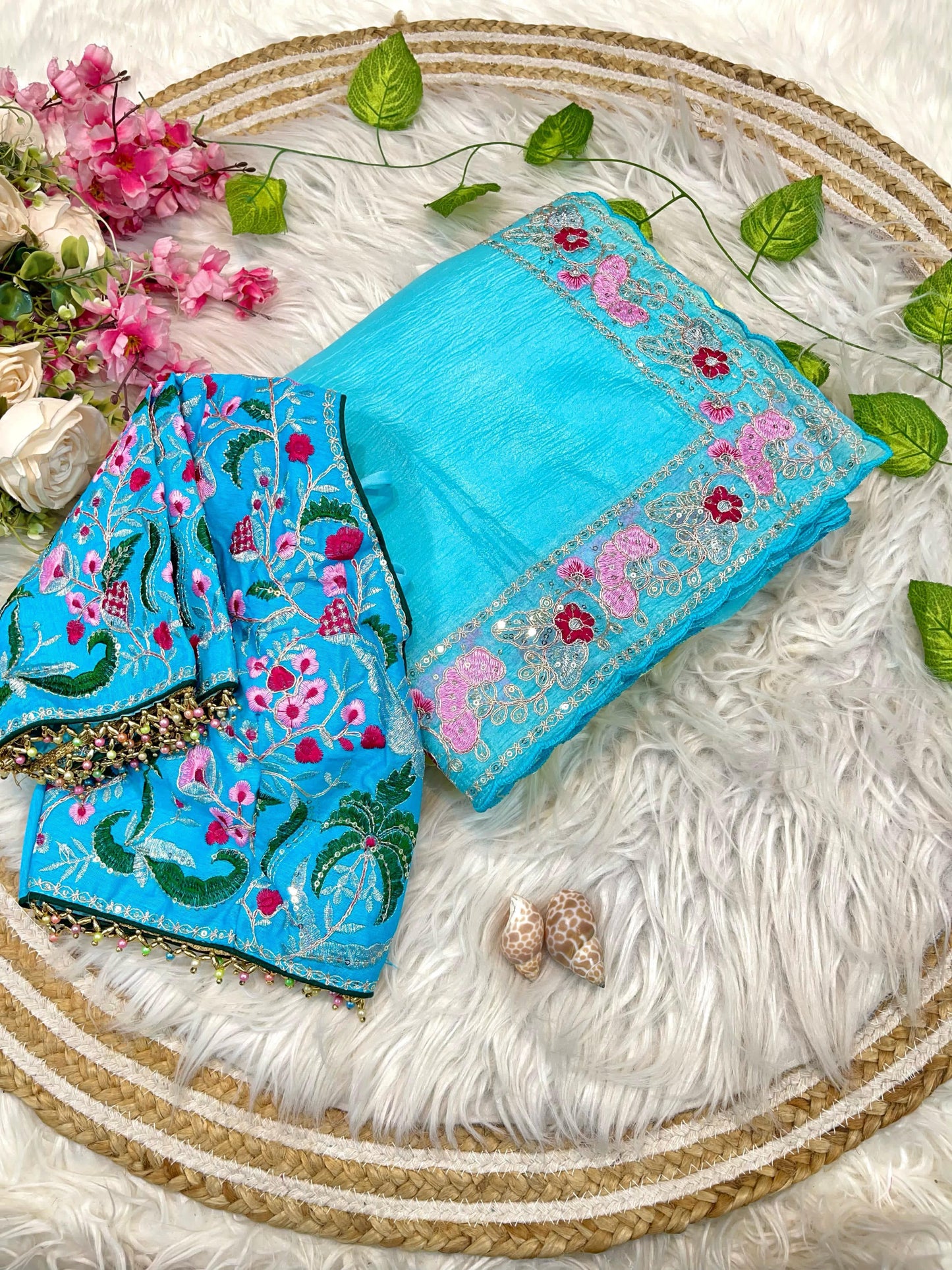 Candy Crush Embroidery Border Saree with Stitched Blouse
