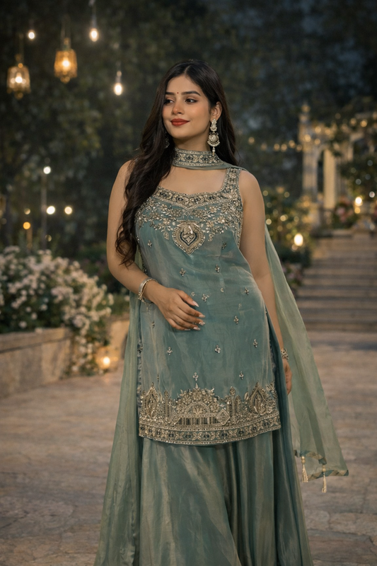 Heavy Two Tone Fendy Silk Sharara Suit With Embroidery Sequins Work & Dupatta