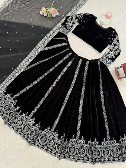 Elegant Black Velvet Lehenga Choli with Silver Thread & Sequence Work | Party Wear & Festive Collection
