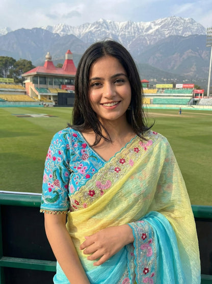 Candy Crush Embroidery Border Saree with Stitched Blouse