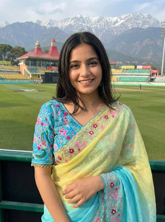 Candy Crush Embroidery Border Saree with Stitched Blouse