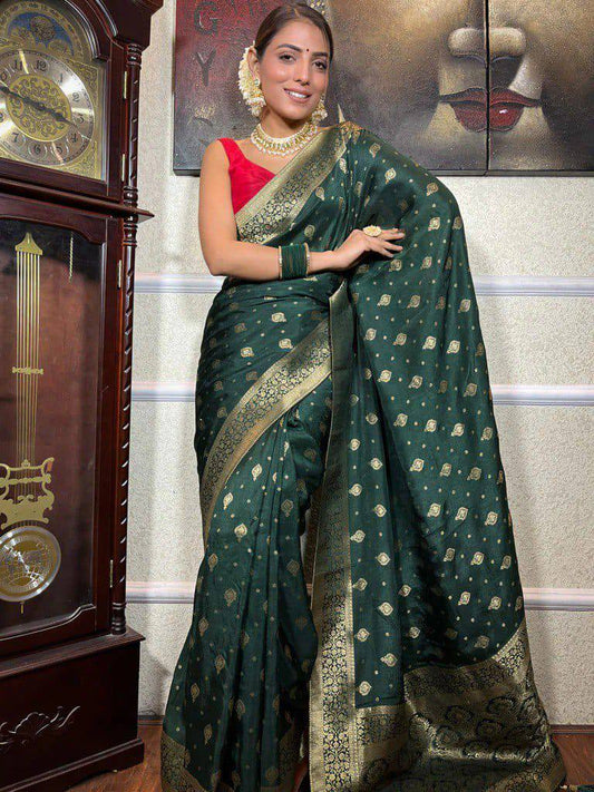 Dark Green Zari Work Silk Saree