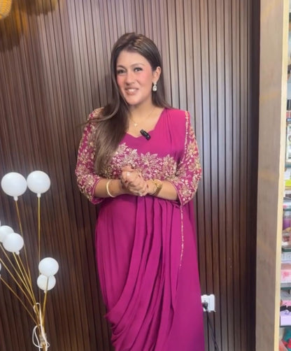 Orange Embroidered Georgette Gown Saree for Women – Ready to Wear Designer Party Wear Saree