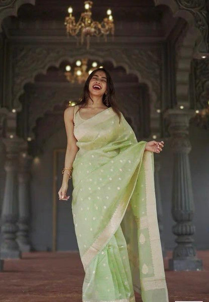 Pista Green Zari Work Saree