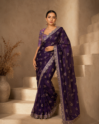 Premium Fendy Satin Saree with Coding Sequence Work
