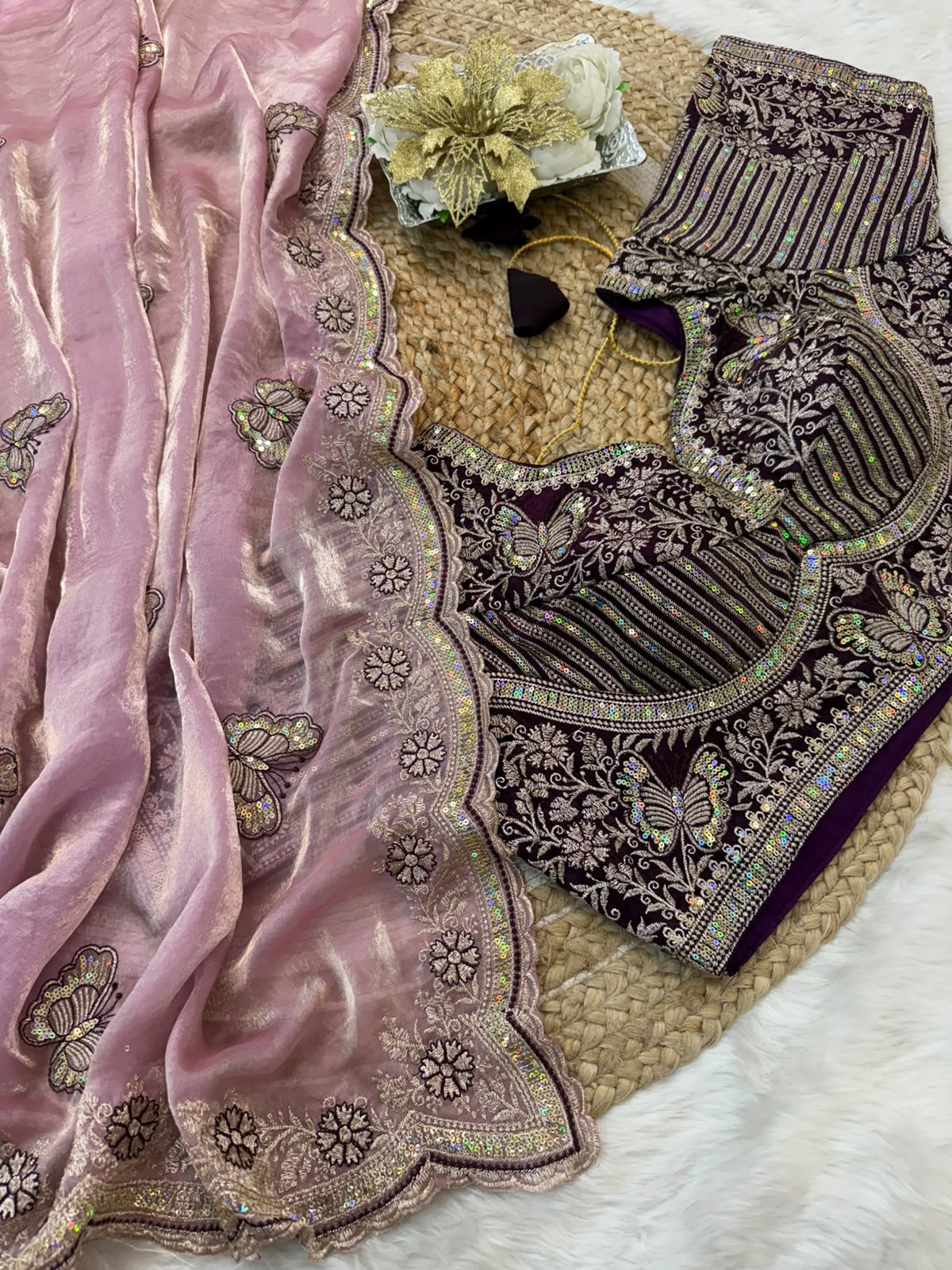 Sabyasachi Inspired Space Silk Saree with Butterfly Embroidery & Stitched Blouse