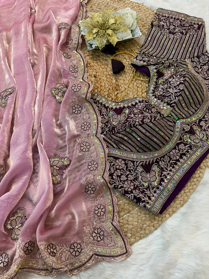 Sabyasachi Inspired Space Silk Saree with Butterfly Embroidery & Stitched Blouse