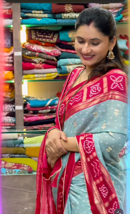 Dull Moss Foil Print Saree with Piping Border & Matching Blouse