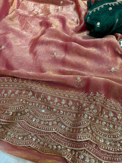 Elegant Space Chiffon Embroidery Saree with Scallop Border