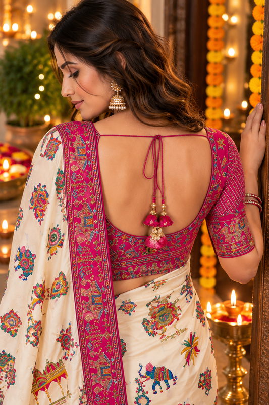 Printed Chinnon Silk Saree with Sequins Embroidery & Banglori Blouse