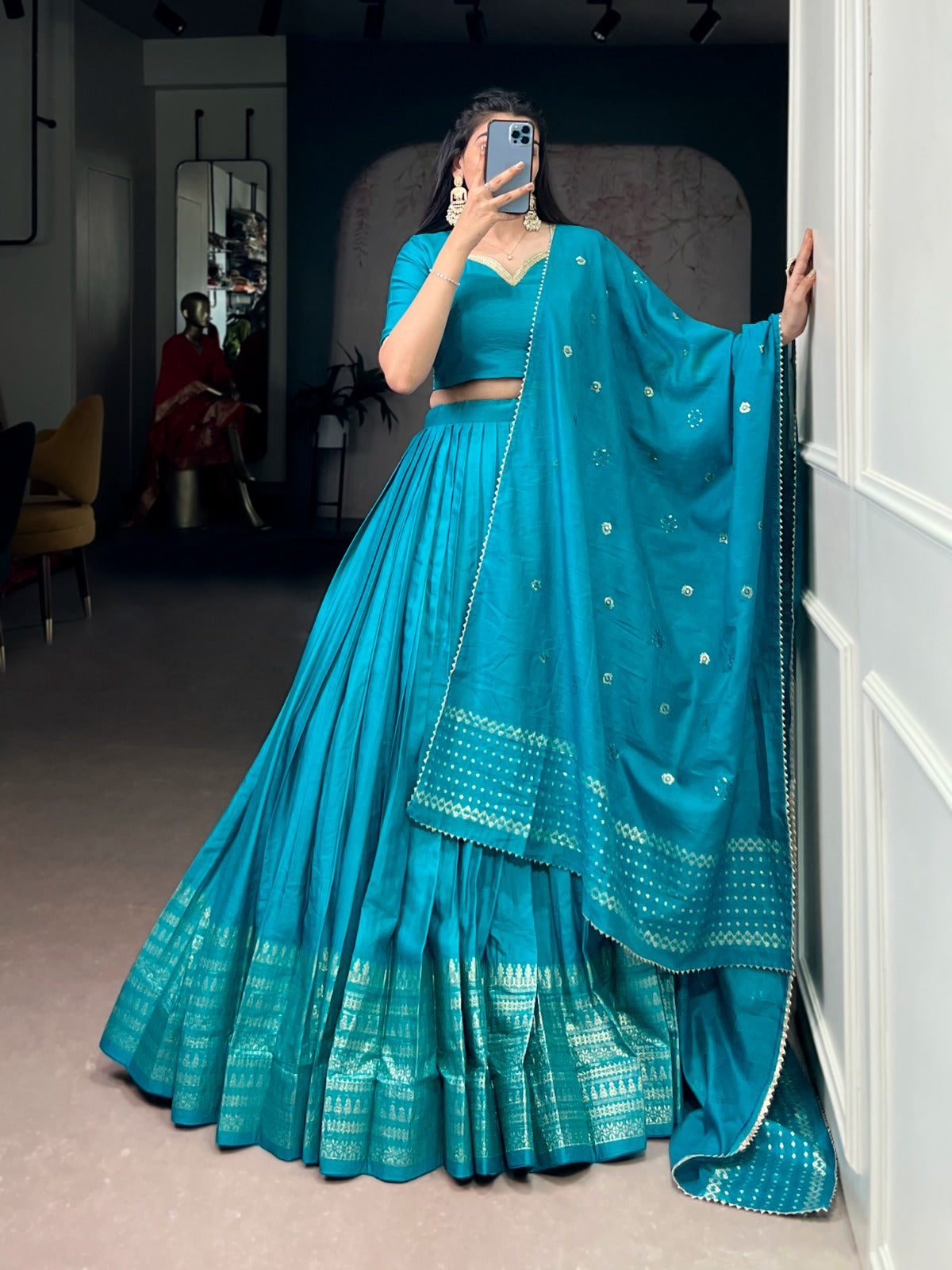 Women's Pure Chanderi Lehenga Set with Zari Weaving Border and Dupatta – Festive & Wedding Wear