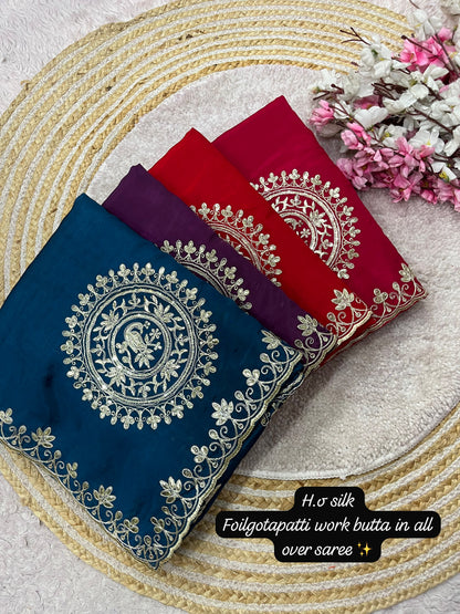 Premium H.O Silk Saree with Gotafoil Butta, C-Pallu & Cut Work Border