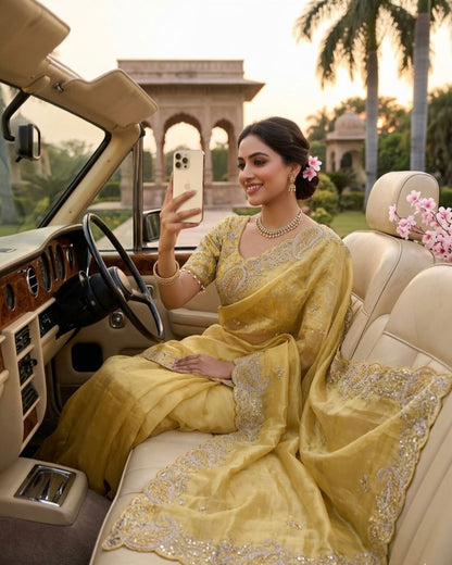 Elegant Crystal Crush Tissue Saree – Designer Embroidered Party Wear