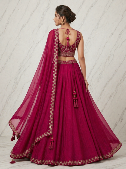 Wedding Special Vichitra Silk Lehenga Choli with Heavy Embroidery & Shrug Style Dupatta