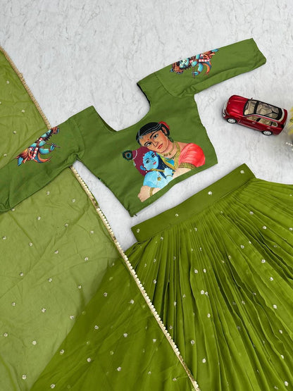 Women Kalamkari Print Lehenga Choli with Georgette Lehenga & Embroidered Dupatta