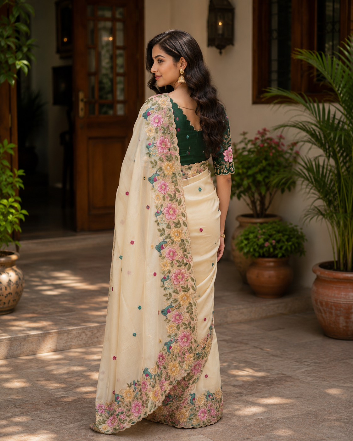 Rangoli Silk Saree with Heavy Floral Work Border & Contrast Designer Blouse