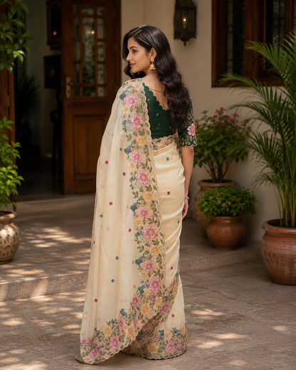 Rangoli Silk Saree with Heavy Floral Work Border & Contrast Designer Blouse