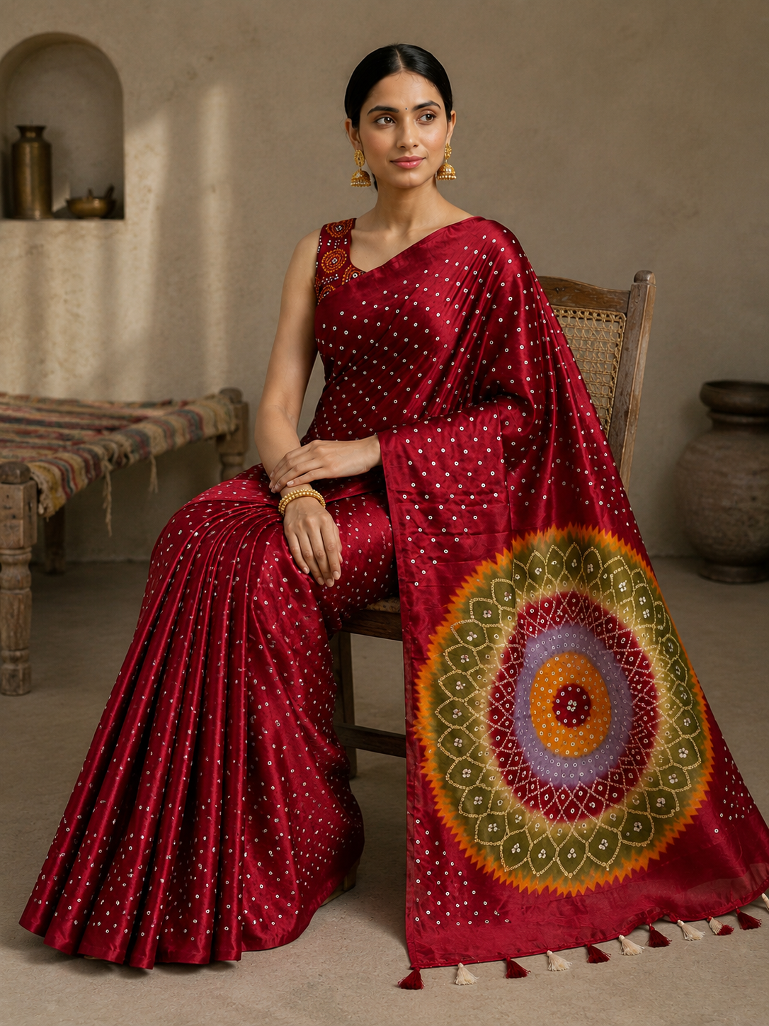 Premium Japan Satin Mirror Work Saree with Tassel Pallu