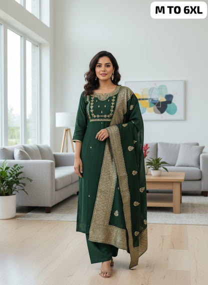 Premium Roman Silk Embroidered Kurti Pant Dupatta Set (M–6XL)