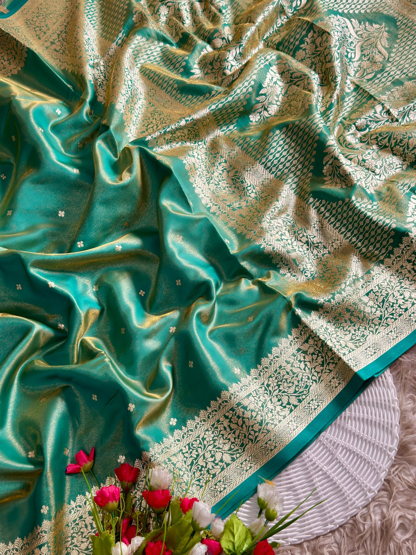 Royal Banarasi Glass Satin Silk Saree with Elegant Zari Woven Border