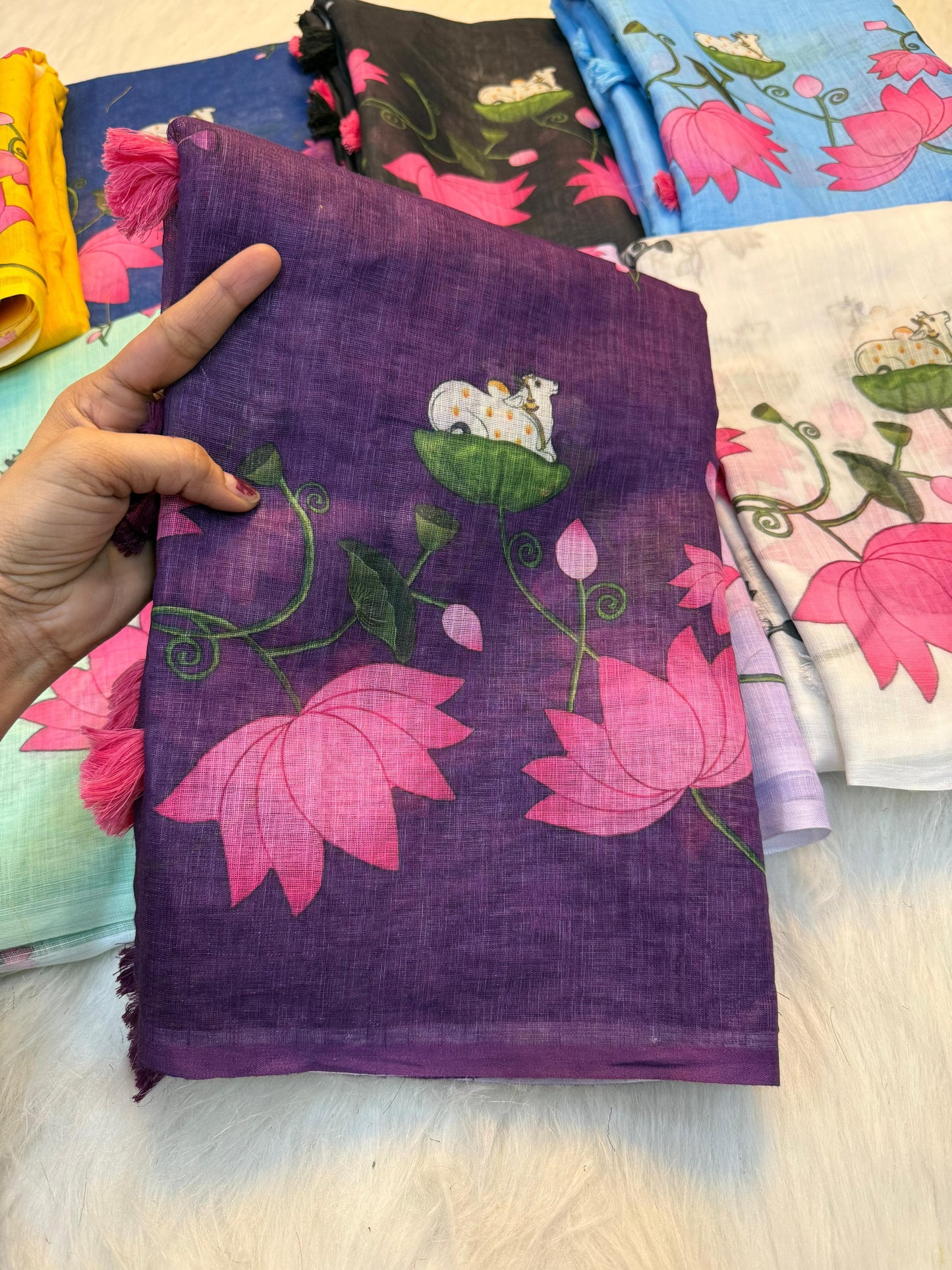 Premium Linen Cotton Floral Print Saree With Tassels & Blouse Piece | Soft Lightweight Daily Wear Saree
