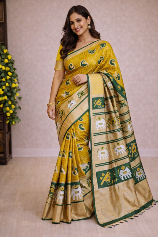 Soft Lichi Printed Saree with Elephant Border