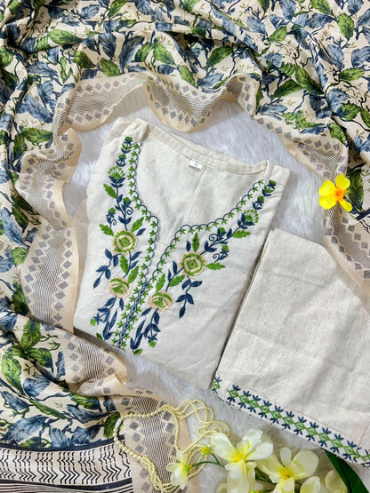 Designer Khadi Cotton Kurti Pant Set with Embroidered Work & Silk Dupatta – Elegant Daily & Festive Wear (Cream)