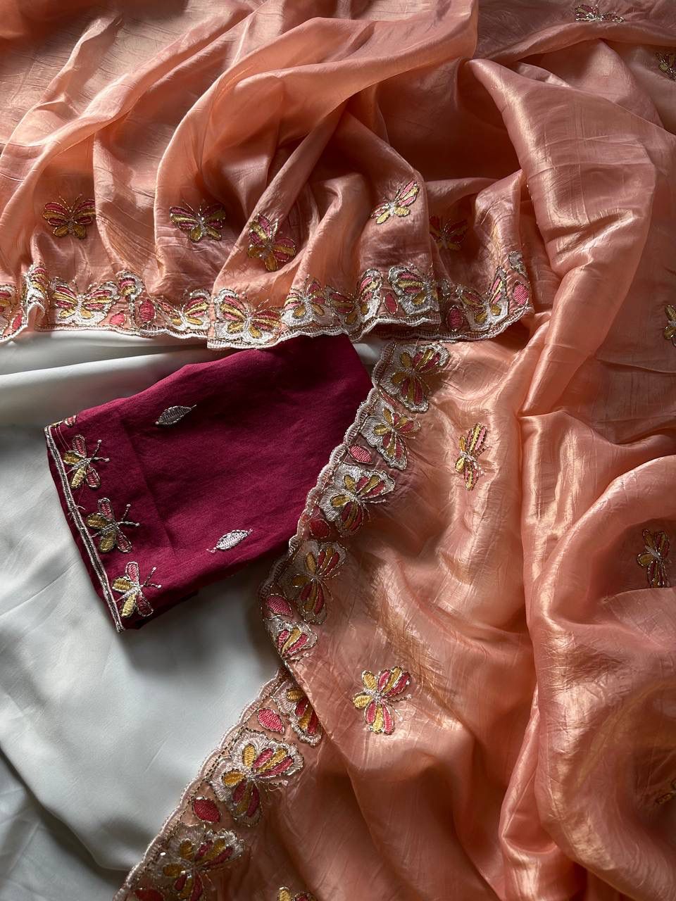 Radha Butterfly Motif Embroidered Crushed Organza Saree