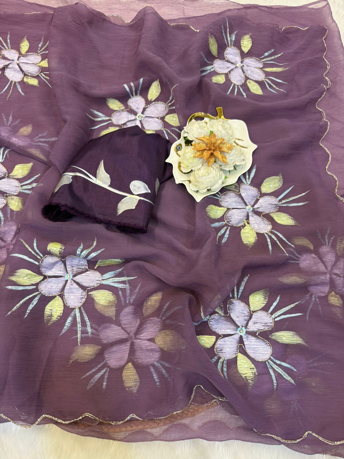 Pure Bari Chiffon Saree with Handwork & Floral Hand Print