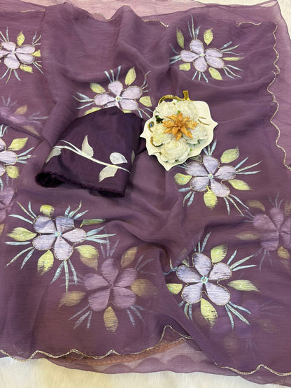Pure Bari Chiffon Saree with Handwork & Floral Hand Print