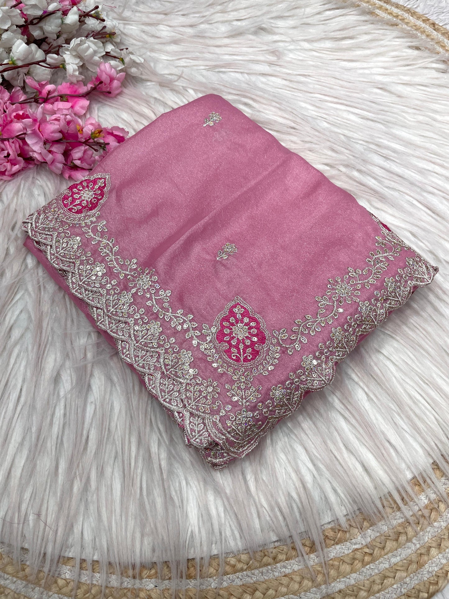 Blooming Chocolate Silk Embroidery Designer Saree With Unstitched Blouse