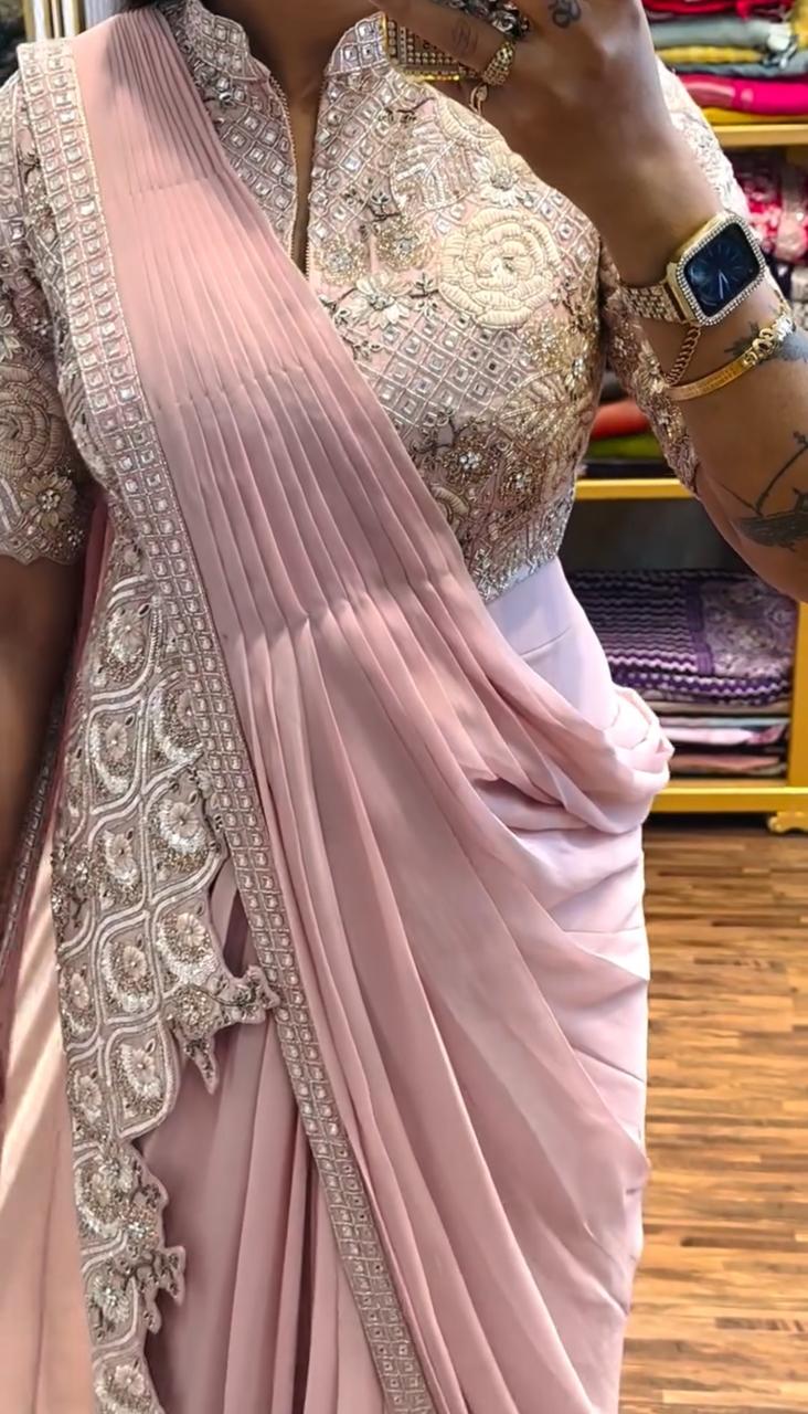 Ready to Wear Chinon Saree with Heavy Embroidery Koti Jacket