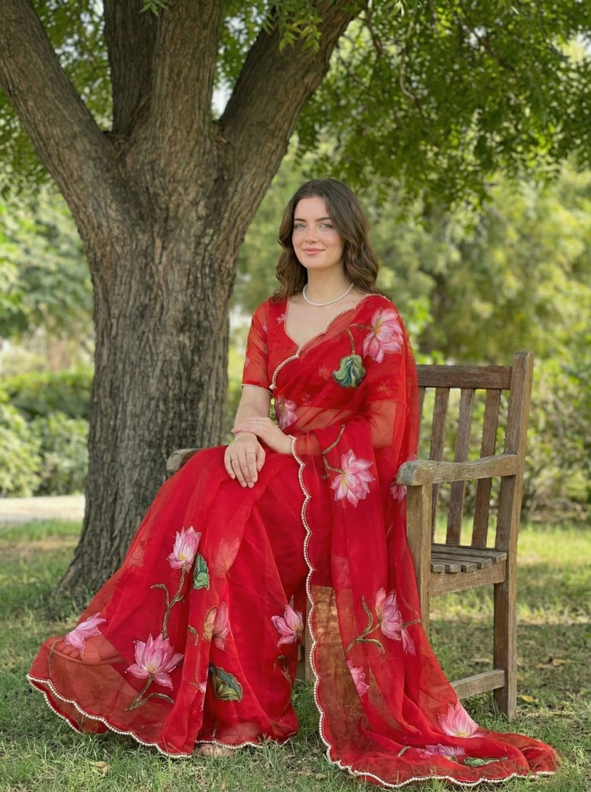 Pure Soft Teby Silk Saree with Digital Floral Print & Moti Cutdana Work Border