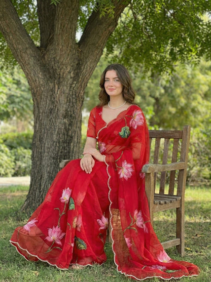 Pure Soft Teby Silk Saree with Digital Floral Print & Moti Cutdana Work Border